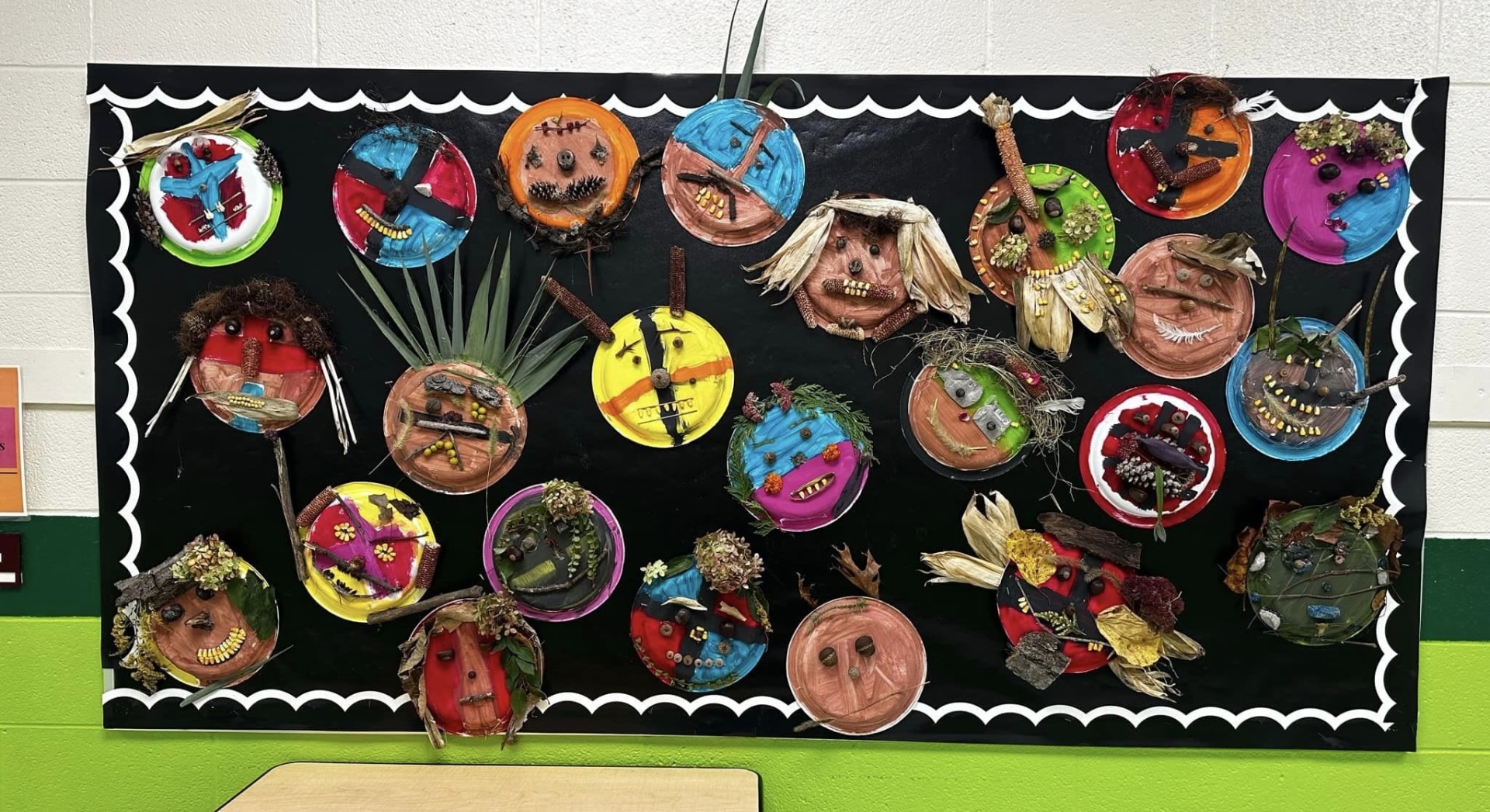 A Colorful Display of Kid-Made Masks on the Wall